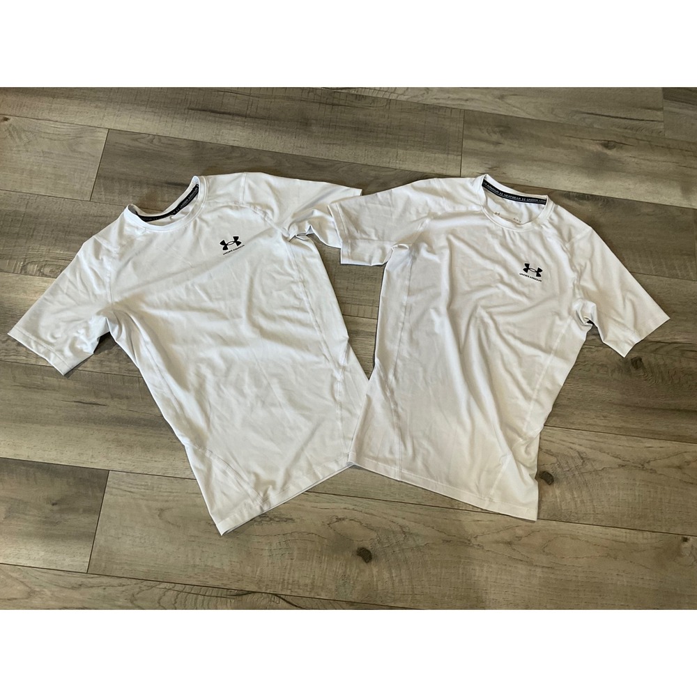 Lot of 2 Under Armour HeatGear Compression Shirts Mens Medium White Short Sleeve